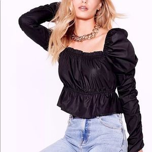 Nasty Gal Black Puff Sleeve Ruched Long-Sleeve Top